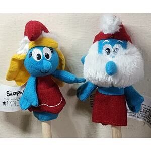 2 Smurf Finger Puppets Plush Toy Smurfette & Papa 2010 Macys 4 Inch See Set